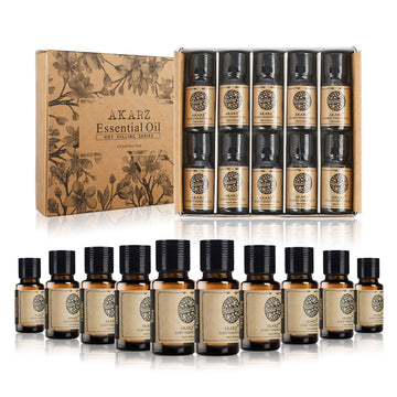 AKARZ Hots 10 Sets Tea Tree,Sandalwood,Peppermint,Frankincense,Musk,LemonGrass,Rosemary,Oregano,Bergamot,Vetiver Essential Oil 10ml*10